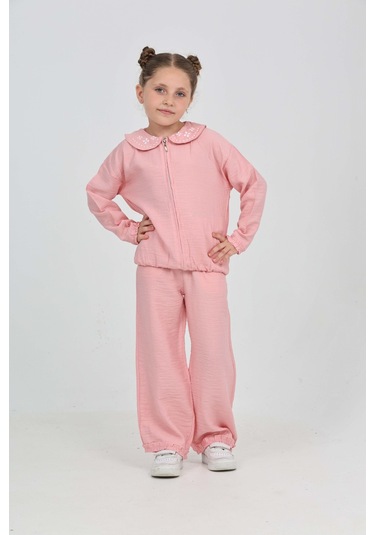 Toontoy Kız Çocuk Yaka Nakışlı Eşofman Takım Açık Pembe