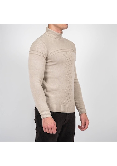 Erkek Tam Boğazlı Örgü Desenli Slim Fit Kazak Ncs Jeans 3659-Bej