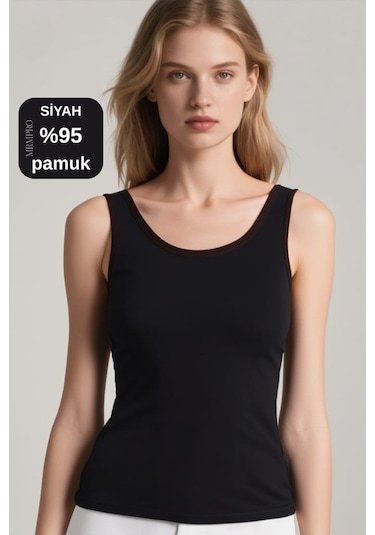 Mrmpro Kadın Lacivert Fitilli Görünümlü Kalın Askılı Basic Atlet Body %95 Pamuk Siyah
