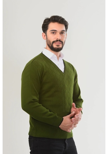 Kamalı Haki Erkek V Yaka Triko Uzun Kol Standart Fit Tüylenmeyen Triko Kışlık Örgü Kazak Haki