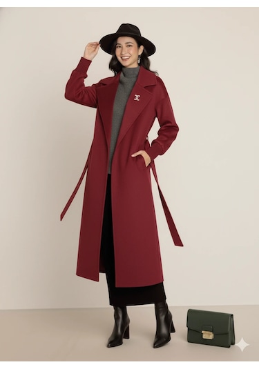 Kadın Siyah Kaşe Uzun Kaban Maksi Boy Palto Geniş Yakalı Düz Kesim Kışlık Bordo