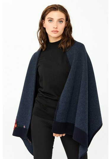 Desen Triko Kadın Çiçek İşlemeli Triko Şal 23154 Koyu Lacivert