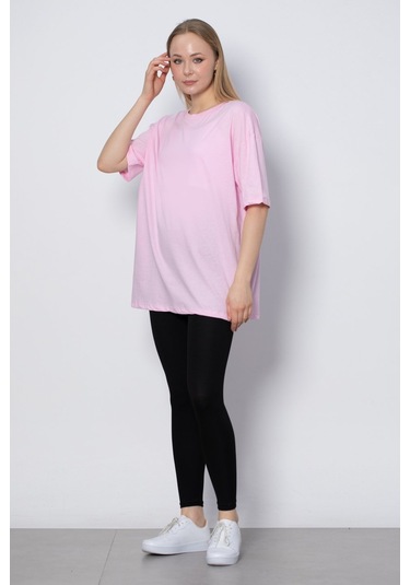 Bisiklet Yaka Oversize T-Shirt - Pembe-Pembe