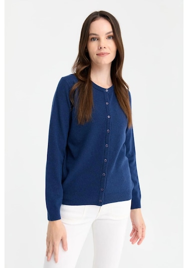 Desen Triko Kadın Sıfır Yaka Triko Yün Hırka 21031 Indigo Indigo