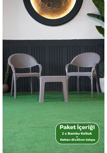 Bambu Rattan Görünümlü Sehpalı Set 2 Adet Koltuk + 45 Cm Sehpalı Sandalye Seti Gri