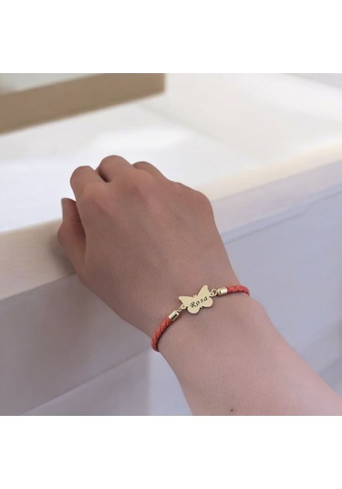 Rosa İsmine Özel 14 Ayar Altın Plakalı Turuncu Derili Kelebek Motifli Hediye Bileklik-502isim Rosa