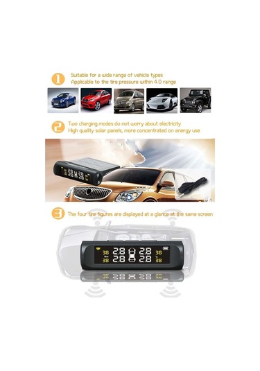 Araba Tpms Lastik Basıncı İzleme Sistemi İle 4 Harici Sensör Solar Şarj Hd Dijital Lcd Ekran Otomatik Alarm Sistemi