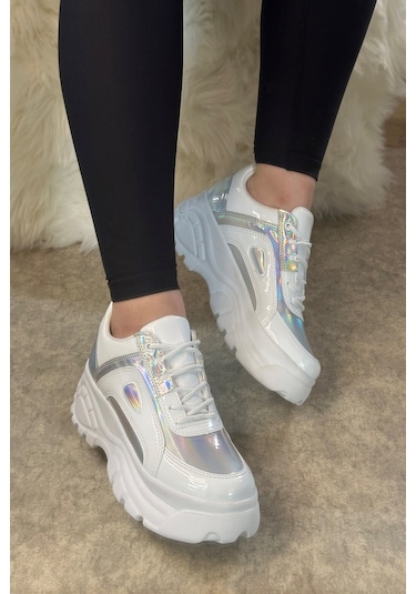Günlük Kadın Spor Ayakkabı Yüksek Kalın Taban 6 Cm Suni Deri Sneaker 001 Beyaz Hologram