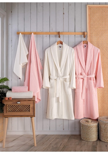 Newhome Alfa 6 Parça Kutulu %100 Pamuk Lüx Aile Bornoz Seti Pembe-krem Karışık