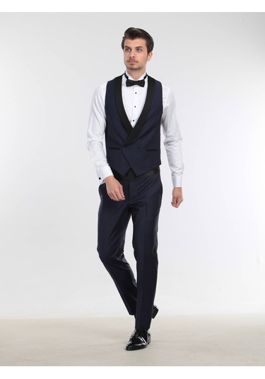 Kip Saks Fitted Fit Şal Yaka Klasik Yelek Saks
