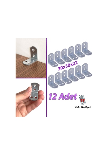 12 Adet Mobilya Eşya Dolap Duvar Sabitleyici Köşe Bağlantı L Demir Gönye Deprem Güvenliği 30x30x22mm