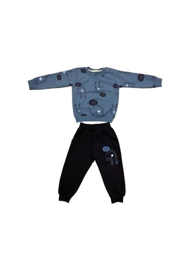 Erkek Bebek Dinazor Baskılı Pamuklu Eşofman Takım-15176 İndigo