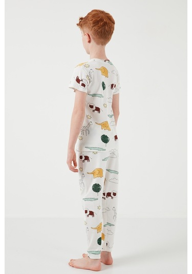 Lela Desenli % 100 Pamuk Bisiklet Yaka Erkek Çocuk Pijama Takımı 6651001 Ekru-Hardal