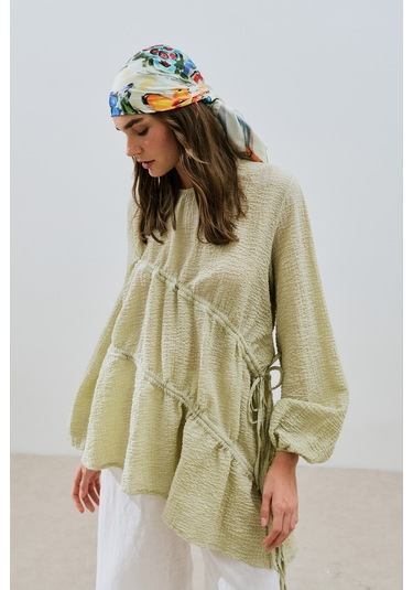 Büzgü Bağlamalı Dokulu Tunik Yeşil Yeşil