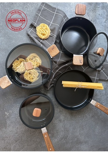 Neoflam Bien Black 7 Parça Indüksiyonlu Tencere Tava Seti, Akasya Ağacı Sap Ve Kulplu