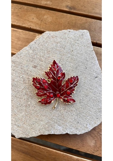 Taşlı Kırmızı Yaprak Broş Çok Renkli