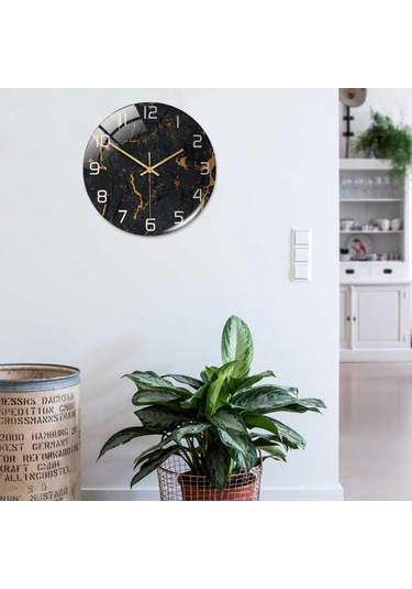 Suntek Mermer Dokulu Yuvarlak Pille Çalışan Ofis İçin İskandinav Tarzı Duvar Saati Siyah