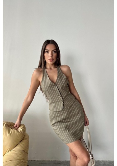 Haki Çizgili Yelek Ve Etek Takım Haki