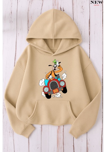 Arabalı Goffy Baskılı Sweatshirt Taş Rengi