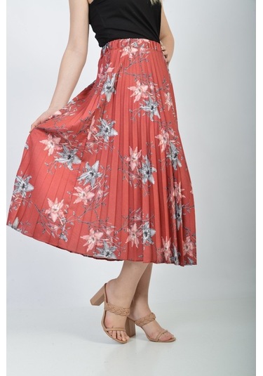 Soralline Bayan Plisoley Etek 781 Kırmızı Saten Empirme Kırmızı