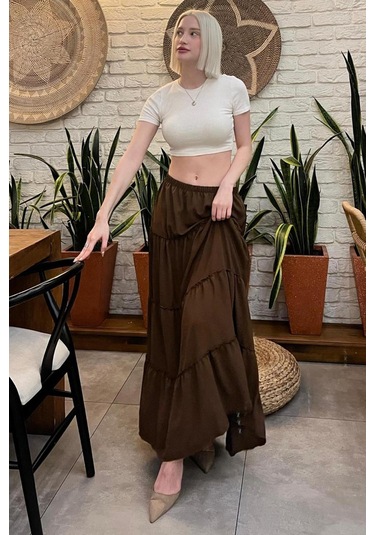 Madmext Acı Kahve Basic Pileli Kadın Uzun Etek Acı Kahverengi