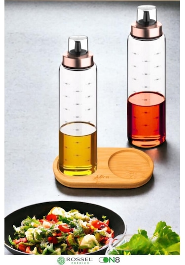 Rossel Premium Bambu Standlı Damlatmaz Borosilikat 2'li Cam Yağlık 500ml Bakır