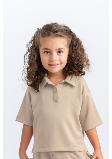 Oliventhekid Unisex Polo Yaka Bol Paçalı Takım Bej Bej