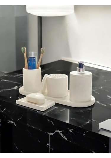Mermer Desen Kırık Beyaz Beton Banyo Aksesuar Seti,tepsi,katı Ve Sıvı Sabunluk,pamukluk Beyaz