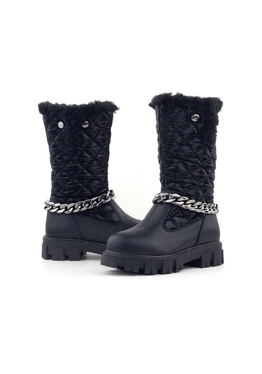 Rakerplus Siyah Uzun Fermuarlı Zincir Detaylı Kız Çocuk Yağmur Çizmesi Siyah