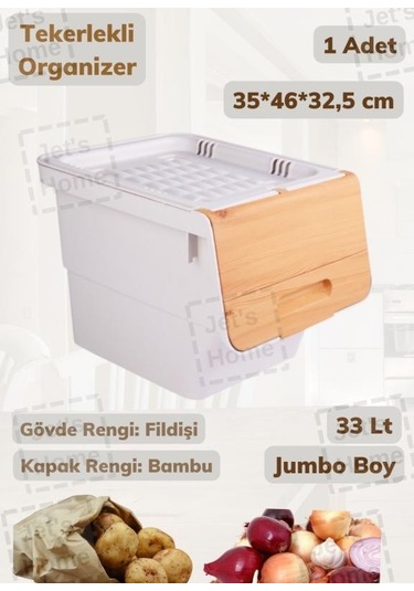 Tekerlekli Sebzelik Bpa Free Soğanlık Oyuncaklık Organizer Bambu Desen 33 Lt Bambu