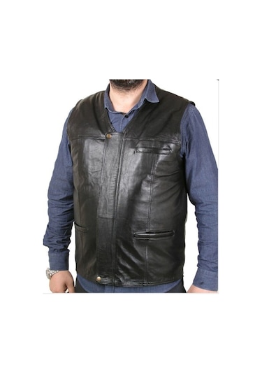 Hakiki Deri Siyah Harrington Fermuarlı Erkek Deri Yelek Kahverengi