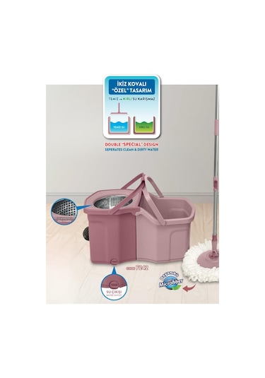 Twin Turbo Pedallı Çelik Mop Set, Temiz Ve Kirli Suyu Ayıran Otomatik Temizlik Seti 1+1 Mop Pembe