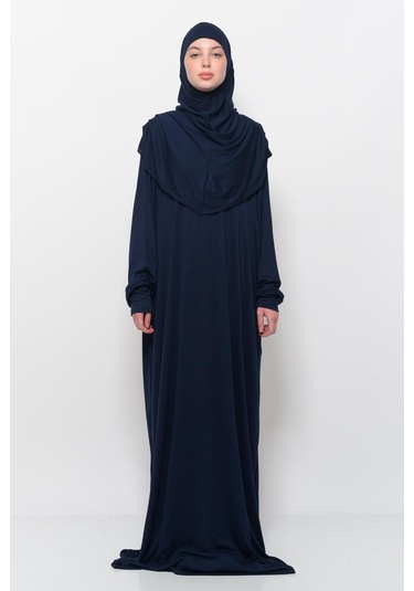 Pratik Tek Parça Pamuklu Yarasa Kollu Tak Çıkar Başörtülü Tesettür Namaz Elbisesi Koyu Lacivert Çok Renkli