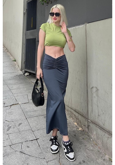 Madmext Füme Önden Büzgülü Midi Etek Mg2084 Füme