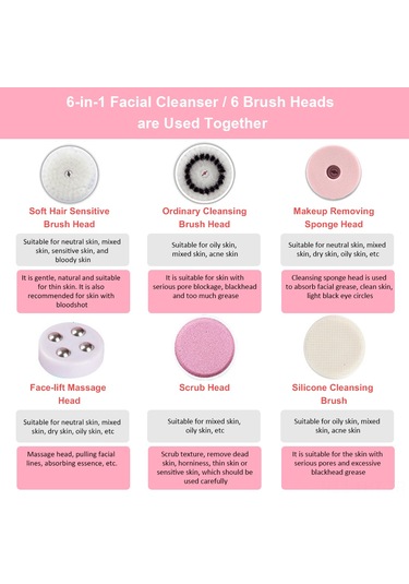 Hangfox Usb Şarjlı 6'lı Yüz Temizleme Aleti Seti - Dürtmeyelik Fırçalalar, Masaj Ve Makyaj Temizleme - Su Geçirmez, 3 Seviye, Batarya İle - Gül Renkli
