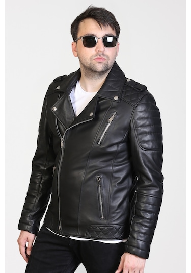 Derije Modric Hakiki Deri Erkek Siyah Biker Motorcu Tarzı Mont