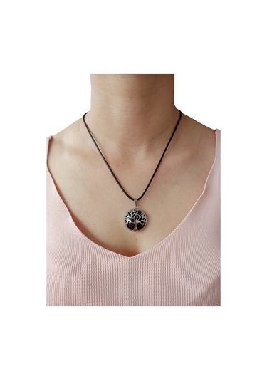 Siyah Yıldız Doğal Taşlı Hayat Ağacı Çelik Kolye - Kadın