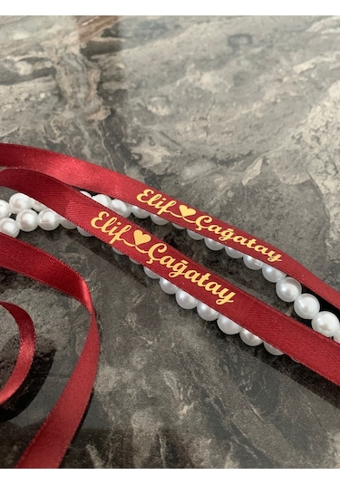 Dökülen İncili Isimli Yüzük Kurdelesi Söz Kurdelesi Bordo-gold