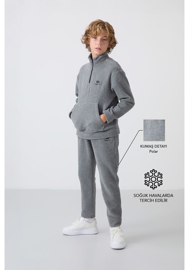 Tommy Life Gri Melanj Kalın Yumuşak Dokulu Standart Fit Nakışlı Polar Erkek Çocuk Eşofman Takım - 11218 Gri Melanj
