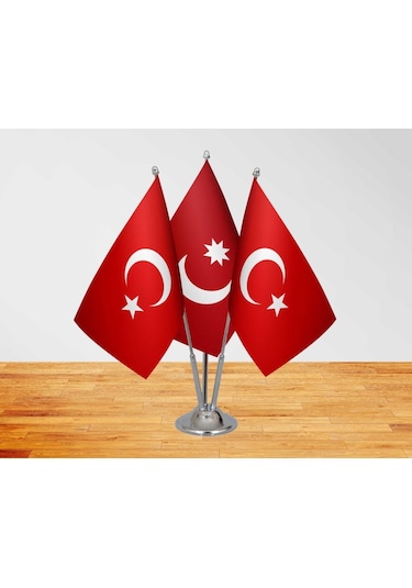 Masa Üstü Osmanlı Devleti Bayrağı Türk Bayrağı + Üçlü Direk Masa