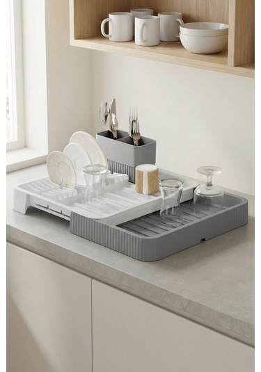 Gri - Uzayabilir Sürgülü Bulaşık Sepeti, Lavabo/tezgah Üstü Açılır Kapanır Bulaşıklık Kurutma Sepeti Gri