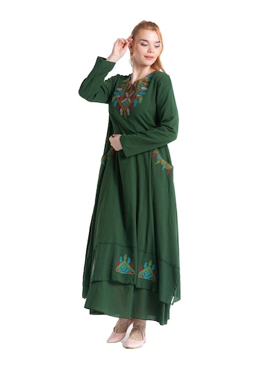 Uzun Kol Şile Bezi Nakışlı Antik Uzun Elbise Yeşil