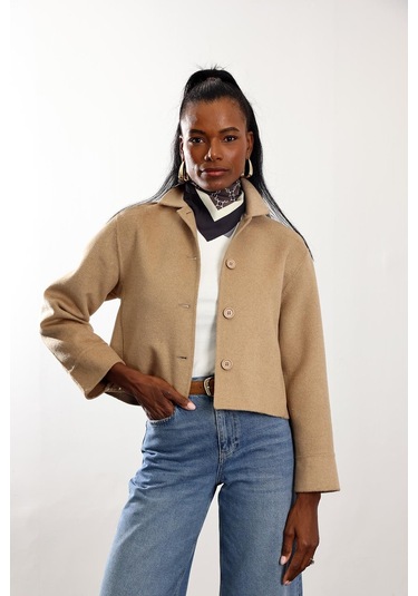 Camel Gömlek Yaka Kısa Yün Ceket CAMEL
