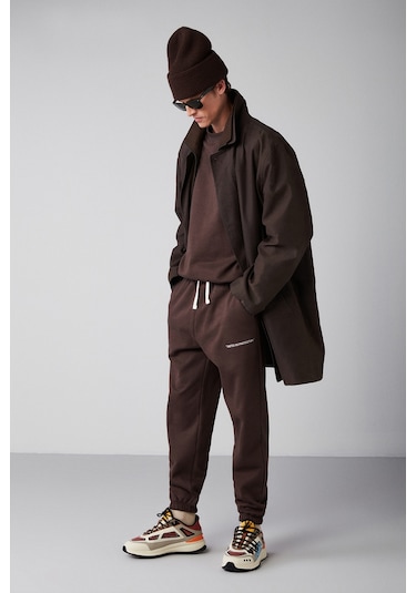 Marshall Erkek Pamuklu Içi Polarlı Nakışlı Relaxed Kahverengi Eşofman Takımı