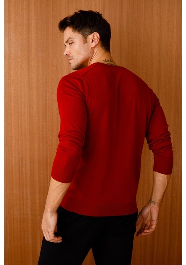 Desen Triko Erkek Basic V Yaka İnce Triko Kazak 02421602 Kırmızı