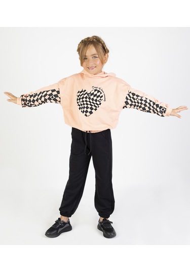 Kız Çocuk İki İplik Kumaş Orta Kalınlıktaa Baskılı Örme Basic Eşofman Takımı Somon