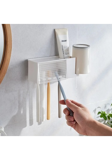 Banyo Rafları Duvara Monte Diş Fırçası Diş Macunu Tutucu Vantuz Depolama Rafı Gray Gri