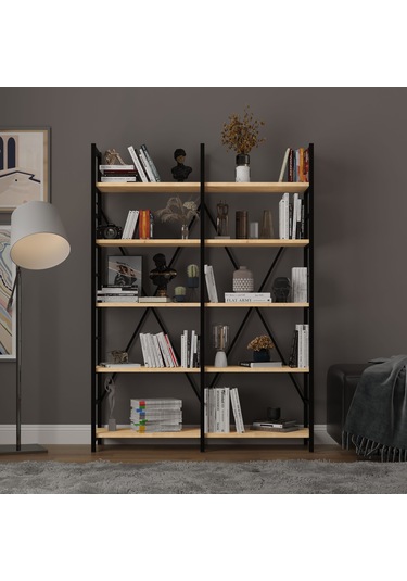 6 Raflı Metal Kitaplık İki Modül-metalk02-safir Meşe