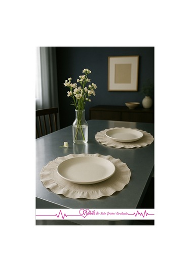 Ham Organik Keten, 40x40cm 2 Adet %100 Pamuklu Fırfırlı Daire Supla, Şık Tasarım, Dekoratif Kullanım Bej