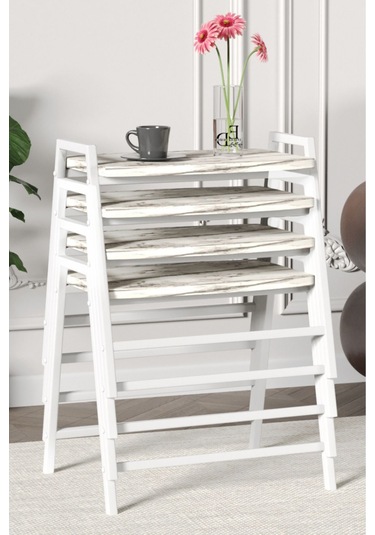 Zigon Sehpa , Aden 4'lü Tepsi Zigon Sehpa Takımı Beyaz Metal - Beyaz Mermer Tabla Beyaz-beyaz Mermer